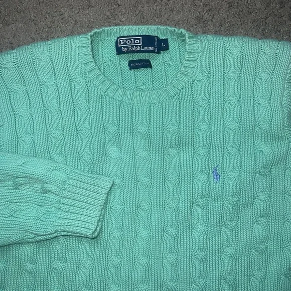 VINTAGE POLO RALPH LAUREN TURQUOISE COTTON CABLE KNIT SWEATER WOMENS sz Large - Picture 1 of 6